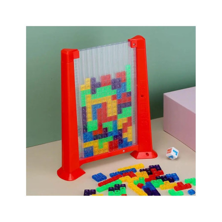 Joc de inteligenta Tetris puzzle tangram Flippy, 70 de piese multicolore, 3D, montessori, interactiv, din plastic, zar inclus, sac depozitare piese, varsta peste 6 ani, 23 x 19.8 x 5 cm, cadru rosu