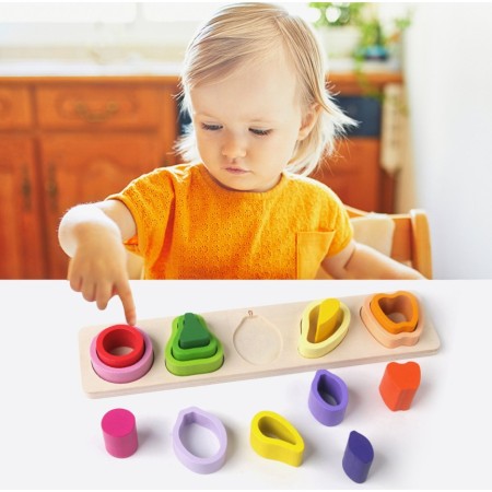 Jucarie Montessori din Lemn, Flippy, Tip Puzzle, cu 5 Forme Asimetrice, 15 Piese, Model Fructe, Educativa, Interactiva, Creativa, Materiale Non Toxice, pentru Copii peste 2 Ani, Baza 29x6.5 cm, Multicolor