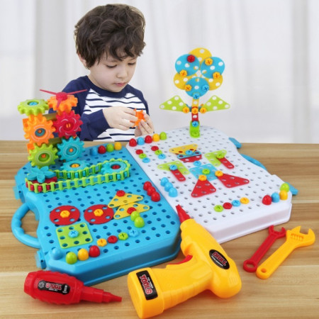 Jucarie Educativa Si Interactiva, Flippy, Set De Constructie Puzzle Din ABS Cu Bormasina Pentru Dezvoltatea Creativitatii Si A Indemanarii 2D si 3D, Valiza, +3, 31x7x25 cm, 336 Piese