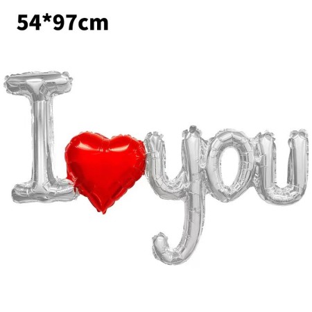 Balon din Folie Metalizata, Figurine Litere si Inima, Model I Love You, Tema Ziua Indragostitilor, 54x97 cm, Ambalaj Individual, Pai Inclus, Umflare cu Aer sau Heliu, Argintiu/Rosu