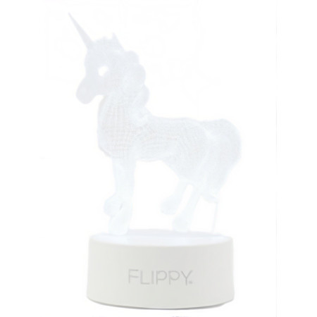 Lampa LED decorativa, Flippy, 3D, Unicorn, cu USB si baterii, 20 cm inaltime, din material acril, lumina multicolora si telecomanda inclusa, alb