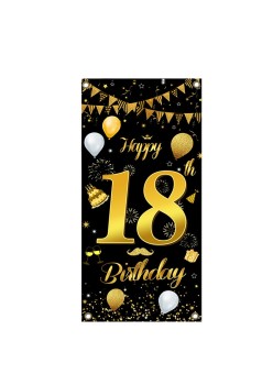 Banner pentru Petrecere, Flippy, Model Happy Birthday, Tematica Majorat, Aniversare 18 Ani, 185x90 cm, Negru