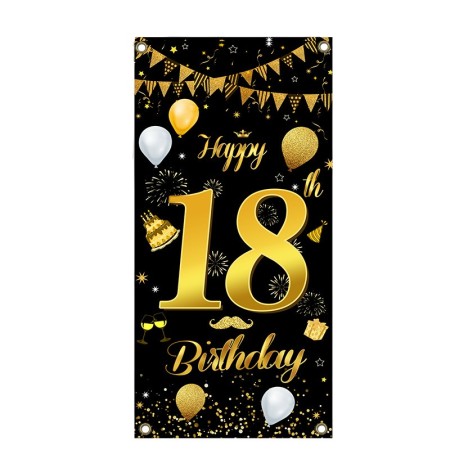 Banner pentru Petrecere, Flippy, Model Happy Birthday, Tematica Majorat, Aniversare 18 Ani, 185x90 cm, Negru