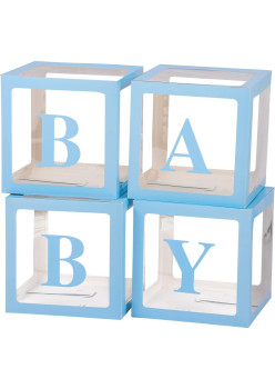 Set 4 Cutii pentru Baloane, Flippy, Model Scris Baby, Tematica Iubire, Cuburi Decorative din Plastic, Accesorii pentru Petrecere, 30 x30 cm, Transparente Contur Albastru