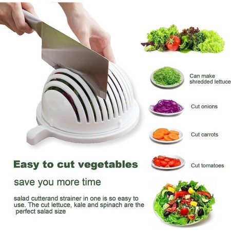 Bol Feliator pentru Salata, Flippy, Castron Multifunctional pentru Legume si Fructe, pentru Spalat si Taiat Legumele, cu Scurgere si Tocator, Ergonomic, Protectie pentru Maini, 21x18.5x11.5 cm, Alb