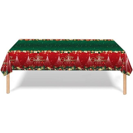 Fata de Masa Festiva, Flippy, Dreptunghiulara, Imprimeu Merry Christmas, Tema Craciun, Rezistenta la Apa, din PVC, 137 x 274 cm, Rosu/Verde