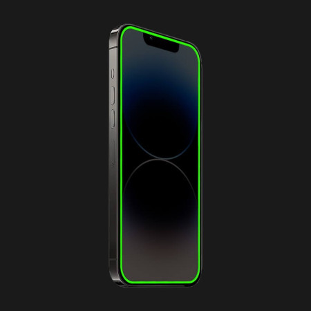 Folie de Sticla Securizata pentru Apple iPhone 15 Pro Max, Flippy, Luminous, Margine Fosforescenta Neon din Silicon, Mat, Anti-Amprenta, Protectie Completa, 9H, Verde