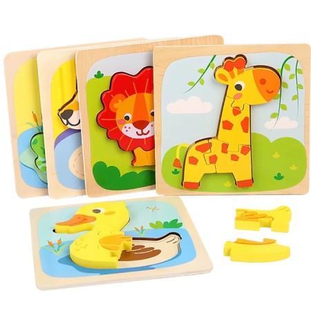 Puzzle Montessori din Lemn pentru Copii, Flippy, 3D, 0-3 Ani, Model Leu, Educativ, Intuitiv, Creativ, 3 Piese, 15x15x0.5 cm, Multicolor