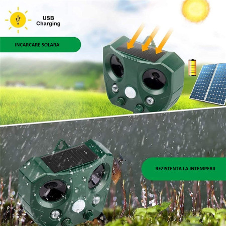 Aparat Solar LED cu Ultrasunete, Flippy, Repelent pentru Animale Mari si Mici, Lumina Rosie si Alba, Anti Rozatoare, Anti Insecte, 15 x 14 x 24 cm, Verde