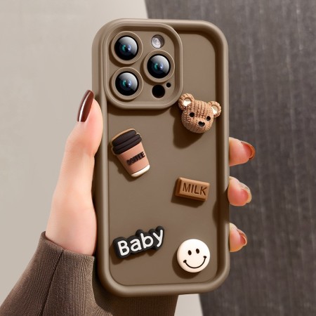 Husa de Protectie, Flippy, pentru Apple iPhone 14, Model Ursuleti 3D, Antisoc, Rezistenta la Impact, Protectie Camera, Maro