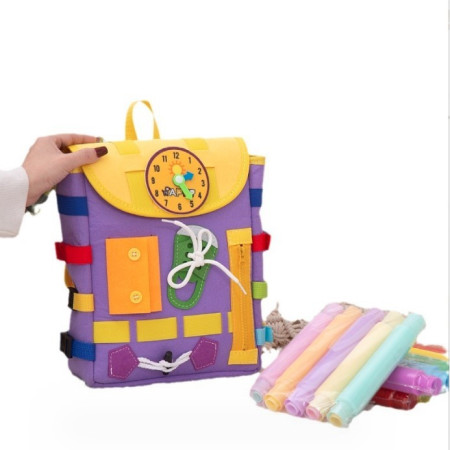 Ghiozdan Montessori, Flippy, pentru Copii 2-6 ani, Fidget Pop, cu Catarame si Fermoare, Jucarii Senzoriale, Activitate de Invatare prin Joc, Mov, 0.25 kg, 28x10x23 cm