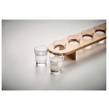 Set 6 Pahare Shot din Sticla Flippy, cu Suport din Lemn, Design Rustic, 49.5 x 7 x 6.5 cm, Maro