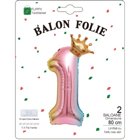 Balon din Folie Metalizata, Flippy, Figurina Cifra Gradient, Tema Aniversare 80 cm, Ambalaj Individual, Pai inclus, Umflare cu Aer sau Heliu, Coronita, Cifra 1