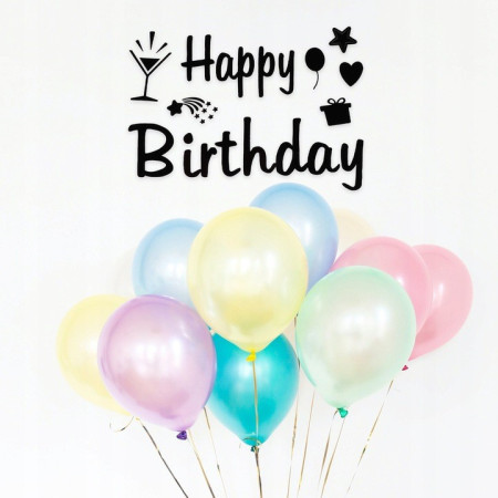 Sticker Autocolant pentru Baloane, Flippy, Tematica Aniversare, Model Happy Birthday, 29x21 cm, Negru