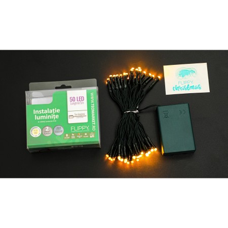 Instalatie de Craciun cu Baterii Tip Liniar, 2 jocuri de lumini, Fir Verde 5 m 50 LED -uri, Alb Cald