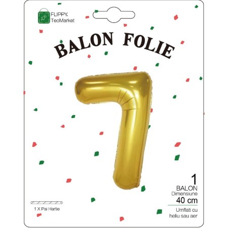 Balon din Folie Metalizata Flippy, Figurina Cifra, Tema Aniversare 40 cm, Ambalaj Individual, Pai inclus, Umflare cu Aer sau Heliu, Auriu, Cifra 7