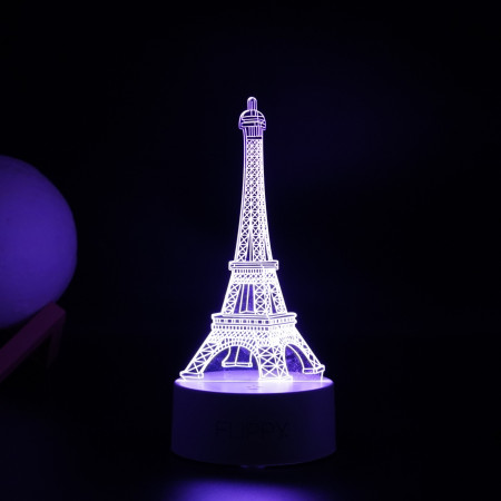 Lampa LED decorativa, Flippy, 3D, Turnul Eiffel, din material acril si lumina multicolora, alb