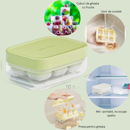 Forma pentru gheata cu presa Flippy, din silicon alimentar, 6 cuburi, caserola pentru depozitare, usor de folosit si curatat, 10.5 x 7.5 x 4.1 cm, verde