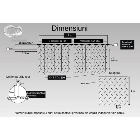 Instalatie Craciun Profesionala de Exterior IP65, Tip Perdea, 7m x 2m, 1400 Led-uri Mari, Alb cald, cu flash, Alimentator 1,5 m, Interconectabila, Fir negru, Flippy