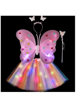 Costum Fluturas cu Aripi Modelabile Luminoase pentru Copii, Flippy, Fusta din Tul cu Lumini, Bagheta si Bentita, 4 piese, Pentru Halloween, Cosplay, Craciun, Carnaval, Paste, Ziua Copilului, Bumbac/Poliester, Marime universala, Curcubeu