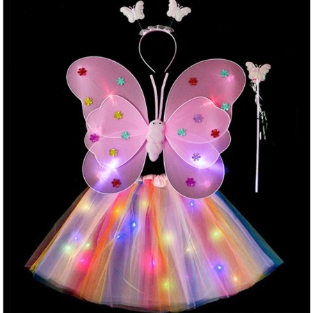 Costum Fluturas cu Aripi Modelabile Luminoase pentru Copii, Flippy, Fusta din Tul cu Lumini, Bagheta si Bentita, 4 piese, Pentru Halloween, Cosplay, Craciun, Carnaval, Paste, Ziua Copilului, Bumbac/Poliester, Marime universala, Curcubeu