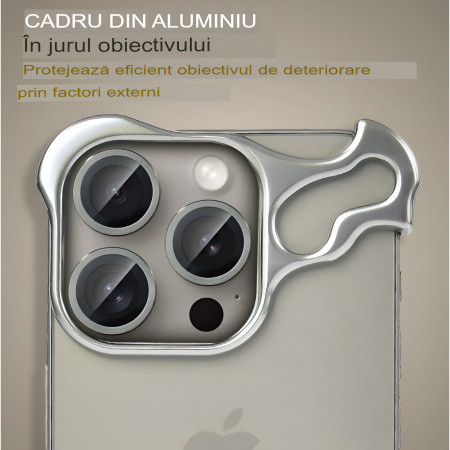 Husa Metalica Compatibila cu iPhone 15 Pro, Protectie pentru Colturile Telefonului si Camera, Lentile pentru Obiective, Aliaj, Antisoc, Antizgariere, Argintiu