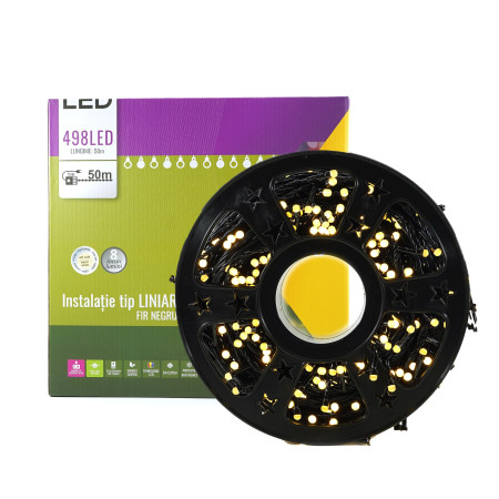 Instalatie de Craciun Liniara Yoto, 50 m, 1 m Prelungitor 220V, 498 LED, 8 Jocuri de Lumini, Controler, Fir Negru, Utilizare Interior/Exterior, Protectie anti-inghet, Fir Cupru, Alb Cald