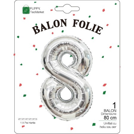 Balon din Folie Metalizata, Flippy, Figurina Cifra, Tema Aniversare 80 cm, Ambalaj Individual, Pai inclus, Umflare cu Aer sau Heliu, Argintiu, Cifra 8