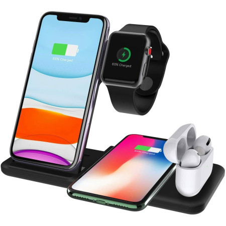 Incarcator Wireless FastCharge Flippy 4 In 1, design pliabil, 15W, Compatibil Apple Watch, Airpods, iPhone, Android, Samsung, Huawei, Xiaomi, Oppo, Negru