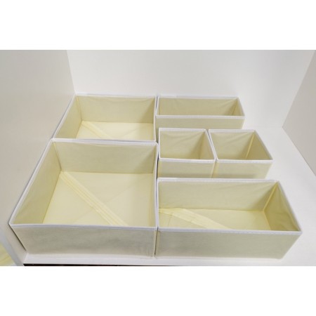 Organizator sertar pentru lenjerie intima, tip cutie cu partitii, set 3 in 1, 6 piese, bej cu margini albe