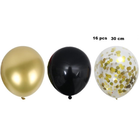 Set 16 Baloane din Latex, Flippy, Model Party, 30 cm, Auriu, Negru, Confetti, 2.8 g