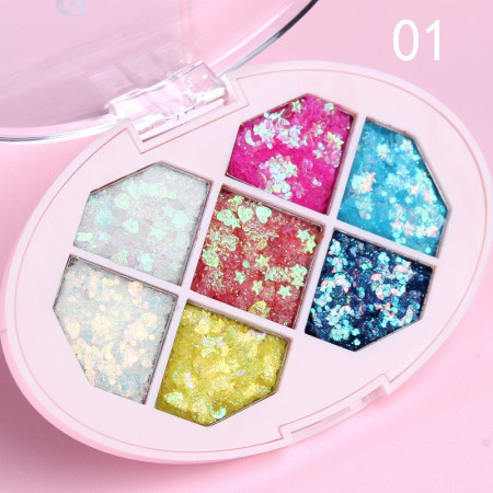 Paleta cu Glitter, Flippy, Varianta 1, 7 Nuante, Pentru Corp si Par, 50 g, Rezistent la Apa, 9.8 x 6.8 cm, Multicolor