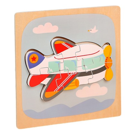 Puzzle Montessori din Lemn pentru Copii, Flippy, 3D, 0-3 Ani, Model Avion, Educativ, Intuitiv, Creativ, 6 Piese, 15x15x0.5 cm, Multicolor