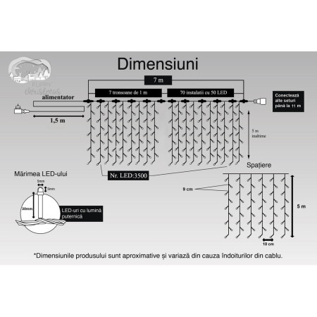 Instalatie Craciun Profesionala de Exterior IP65, Tip Perdea, 7m x 5m, 3500 Led-uri Mari, Alb cald, cu flash, Alimentator 1,5 m, Interconectabila, Fir negru, Flippy