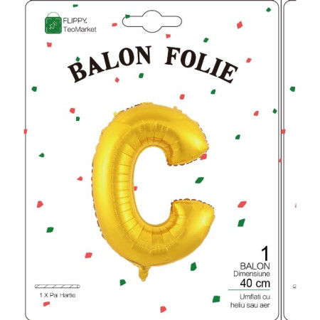 Balon Folie Metalizata Litera C, Flippy, 40 cm, Umflati cu Heliu sau Aer, Ambalaj Individual, Pai inclus, Auriu