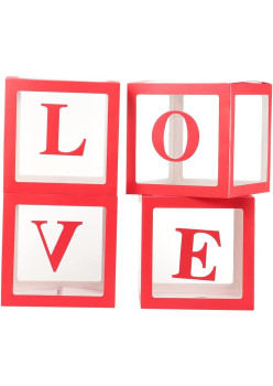 Set 4 Cutii pentru Baloane, Flippy, Model Scris Love, Tematica Iubire, Cuburi Decorative din Plastic, Accesorii pentru Petrecere, 30x30 cm, Transparente Contur Rosu