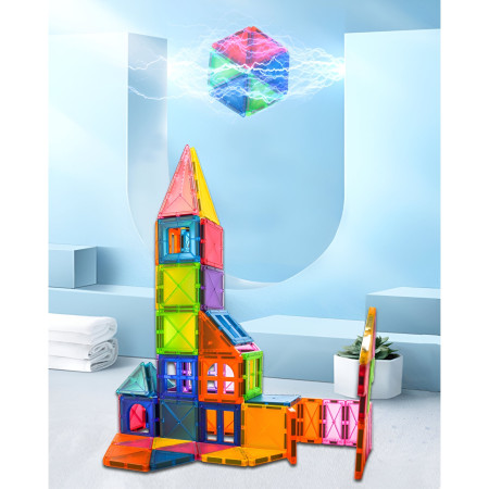 Set 32 Piese Magnetice de Constructie, Flippy, Piese 5.5 cm, Magnetic Tiles, Forme Geometrice, 3 Ani, ABS, Magnet, 20.5 x 14.5 x 12 cm, Multicolor, Resigilat