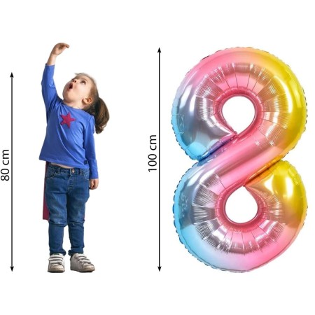 Balon din Folie Metalizata Gradient Flippy, Figurina Cifra, Tema Aniversare 100 cm, Ambalaj Individual, Pai inclus, Umflare cu Aer sau Heliu, Multicolor, Cifra 8