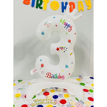 Balon din Folie Metalizata, Flippy, Figurina Cifra, Model 3 cu Happy Birthday Scris, Tema Aniversare 81 cm, Ambalaj Individual, Pai Inclus, Umflare cu Aer sau Heliu, Alb