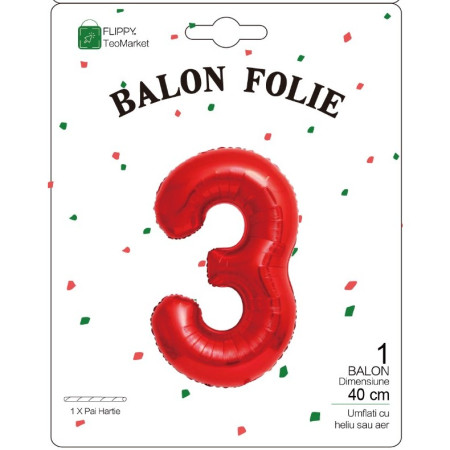 Balon din Folie Metalizata Flippy, Figurina Cifra, Tema Aniversare 40 cm, Ambalaj Individual, Pai inclus, Umflare cu Aer sau Heliu, Rosu, Cifra 3