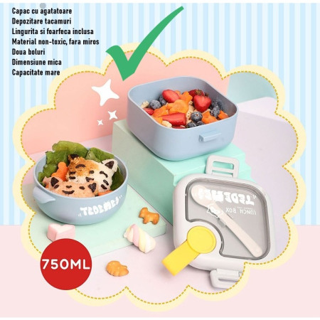 Caserola pentru copii Flippy, lunch box, 750 ml, doua boluri, lingura, foarfeca din plastic, rezistenta la scurgeri, Albastra