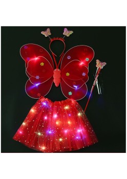 Costum Fluturas cu Aripi Modelabile Luminoase pentru Copii, Flippy, Fusta din Tul cu Lumini, Bagheta si Bentita, 4 piese, Pentru Halloween, Cosplay, Craciun, Carnaval, Paste, Ziua Copilului, Bumbac/Poliester, Marime universala, Rosu