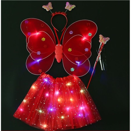 Costum Fluturas cu Aripi Modelabile Luminoase pentru Copii, Flippy, Fusta din Tul cu Lumini, Bagheta si Bentita, 4 piese, Pentru Halloween, Cosplay, Craciun, Carnaval, Paste, Ziua Copilului, Bumbac/Poliester, Marime universala, Rosu