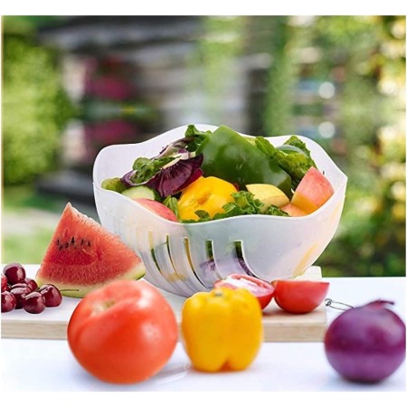 Bol Feliator pentru Salata, Flippy, Castron Multifunctional pentru Legume si Fructe, pentru Spalat si Taiat Legumele, cu Scurgere si Tocator, Ergonomic, Protectie pentru Maini, 21x18.5x11.5 cm, Alb