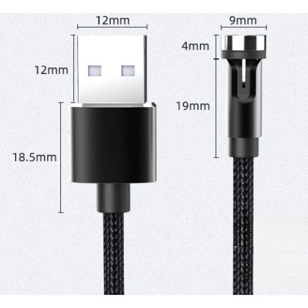 Cablu de incarcare magnetic 3 in 1 360 grade + 180 grade, 2 m, micro, type C, iPhone,  5 V, 2.1 A, Negru