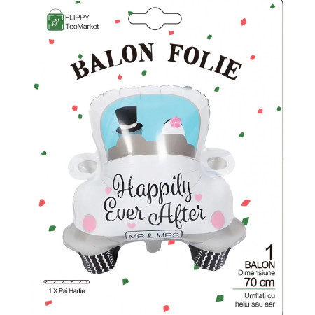 Balon din Folie Metalizata, Flippy, Figurina Masina, Model Nunta Happily Ever After, Tema Nunta, 60 x 63 cm, Ambalaj Individual, Pai Inclus, Umflare cu Aer sau Heliu, Alb