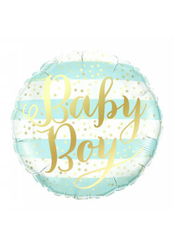 Balon din Folie Metalizata, Flippy, Figurina Cerc, Model Baby Boy, Tematica Gender Reveal, 45 cm, Ambalaj Individual, Pai Inclus, Umflare cu Aer sau Heliu, Albastru