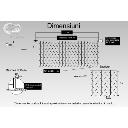 Instalatie Craciun, Tip Perdea, IP44, 1 m x 1 m, 60 LED-uri, Alb rece, 8 jocuri de lumini, Transformator, Interconectabila, Prelungitor 5 m inclus, Fir transparent, Interior/ Exterior, Flippy