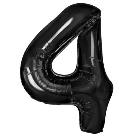 Balon din Folie Metalizata Flippy, Figurina Cifra, Tema Aniversare 40 cm, Ambalaj Individual, Pai inclus, Umflare cu Aer sau Heliu, Negru, Cifra 4