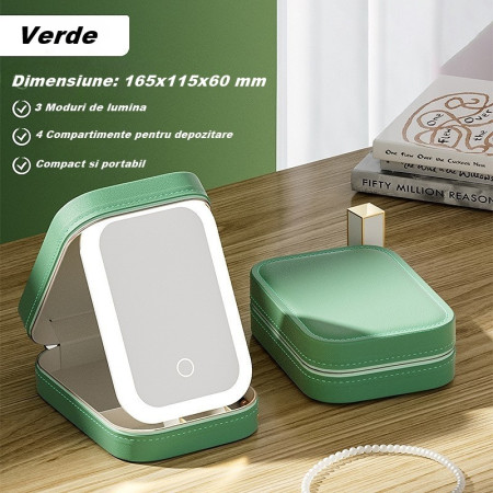 Portfard, Flippy, Geanta Cosmetice, cu Oglinda LED, 3 Moduri de Lumina, Incarcare USB, Baterie 1200 mAh, pentru Organizarea Cosmeticelor, 4 Compartimente, Imitatie Piele, Verde, 16.5x11.5x6 cm